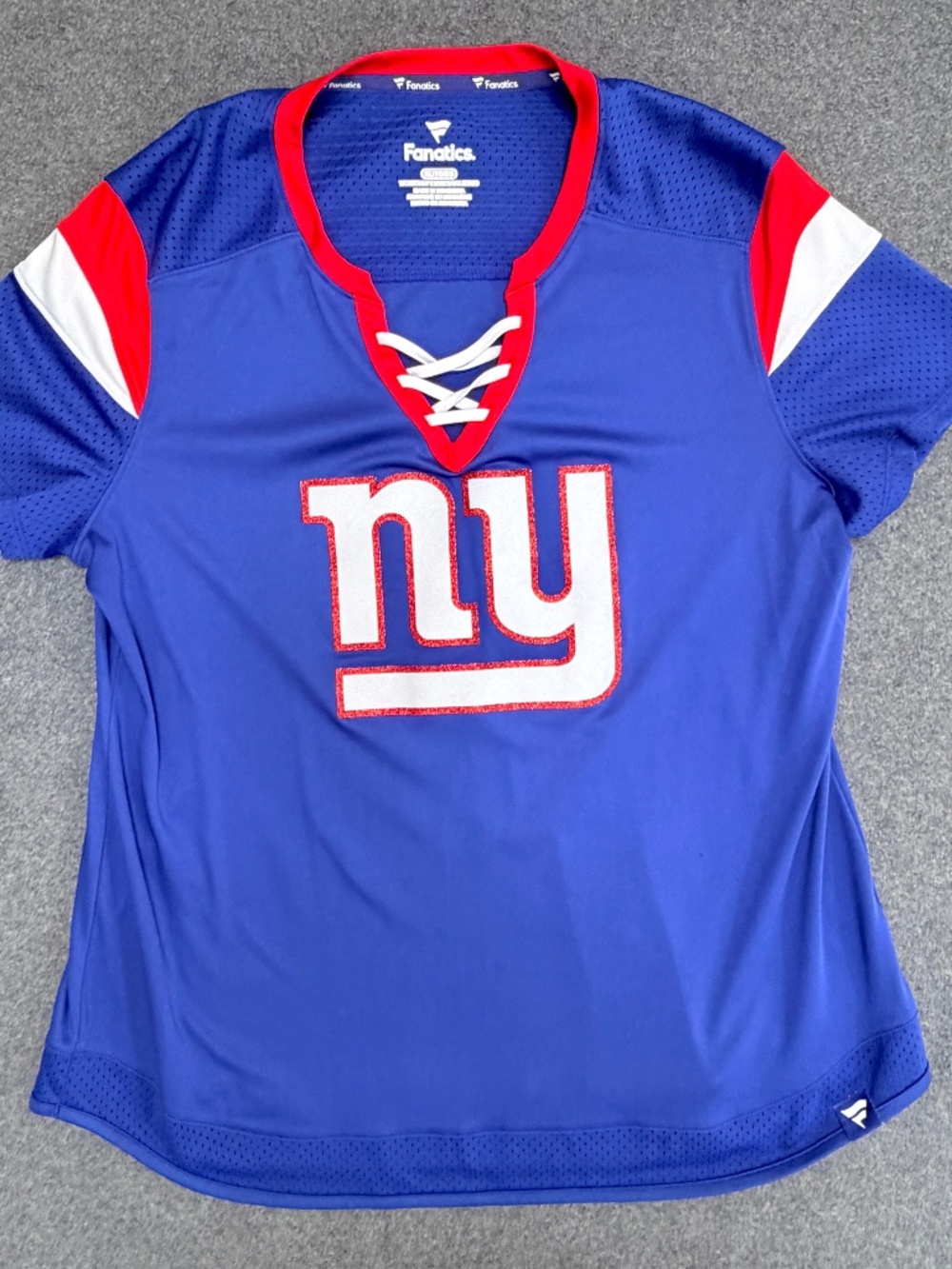 NY Giants Fanatics Women XL Lace Up Jersey Style Shirt Blue NFL Football - Flaws